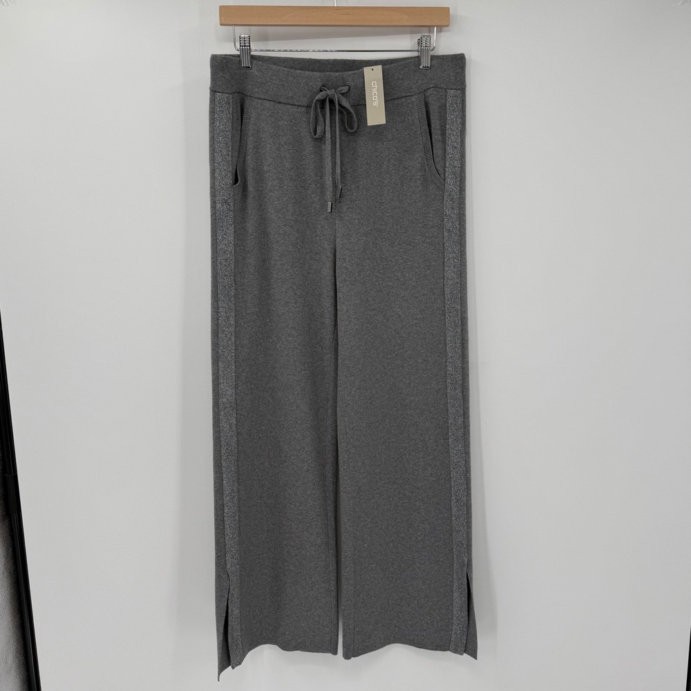 NWT Chico's Zenergy Lurex Stripe Wide Leg Pants 1R Medium Gray Cashmere Blend